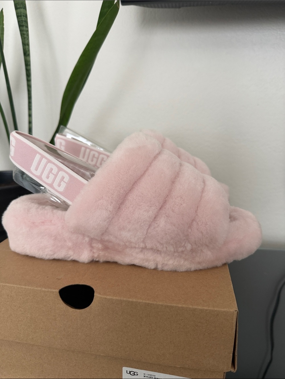 UGG Blush Pink Plush Slide Sandals with Branded Heel Strap - Picture 6 of 8